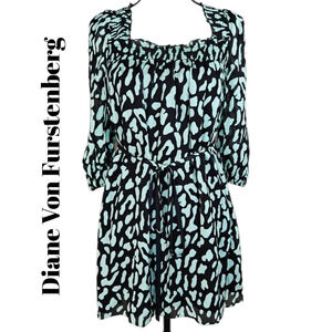 Diane Von Furstenberg Womens Black & Green Animal Print Mini Dress Sz XXS